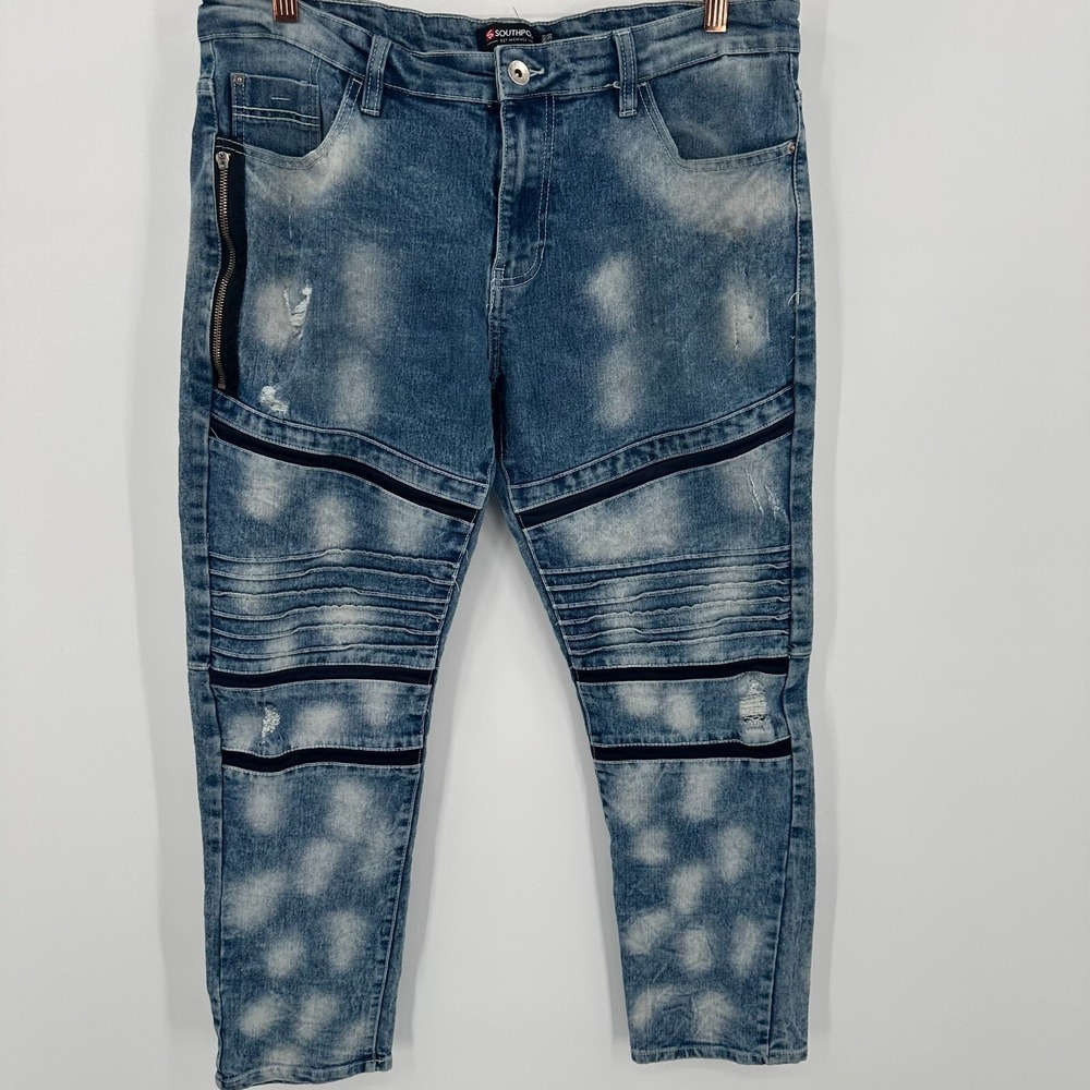 Southpole Mens Skinny Moto Jeans Bleached Cloud 36x30 Streetwear Active Flex Y2K